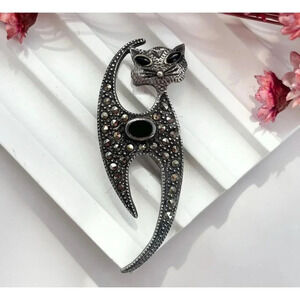 Sassy Cat Art Deco Sterling Silver Onyx & Marcaite Stylized Vintage Broch Pin